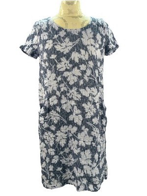 J. Jill Linen Dress Size S Blue Floral Crinkle Gauze Short Sleeve Pockets Casual