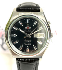 Vintage ORIENT Crystal Three Star 21J Automatic Black Dial Day Date Japan