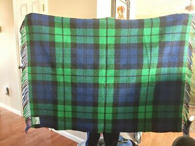 Foxford Nephin Rug Ireland Wool Shawl Blanket Tartan Blue Green Plaid 39'' x 50''