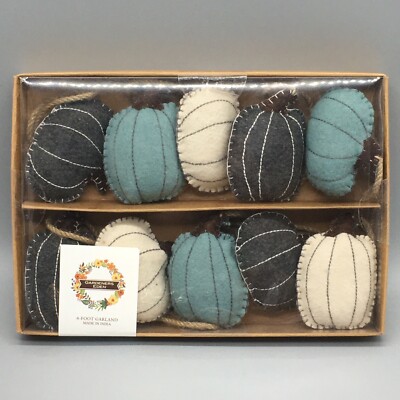 Fall Blue Cream Stitched Felt Pumpkin 6ft Garland Farmhouse Country Thanksgiving