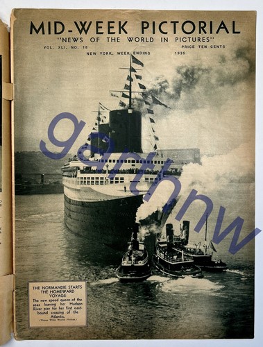 SS NORMANDIE WITH TUGS 1935 BEGINS 1ST ATLANTIC CROSSING BACK HOME PHOTO FEATURE