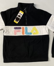 FILA Women's Fleece 1/4 Quarter Zip Pullover SMALL Pockets BLACK WHITE Throwback