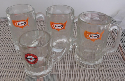 Four 1960's/1970's A&W Root Beer Glass Mugs - 3 w/US Map & 1 w/Bullseye Logo