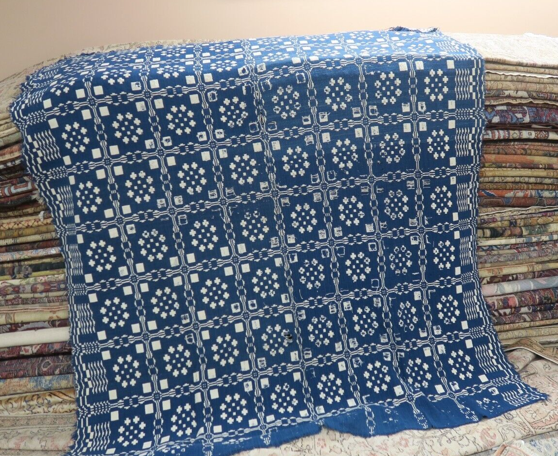 Antique Blue & White Jacquard Woven Wool Coverlet Americana 64