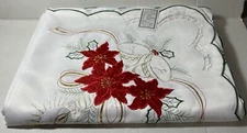 72x144" Large Embroidered Applique Poinsettia Christmas Tablecloth Oblong New