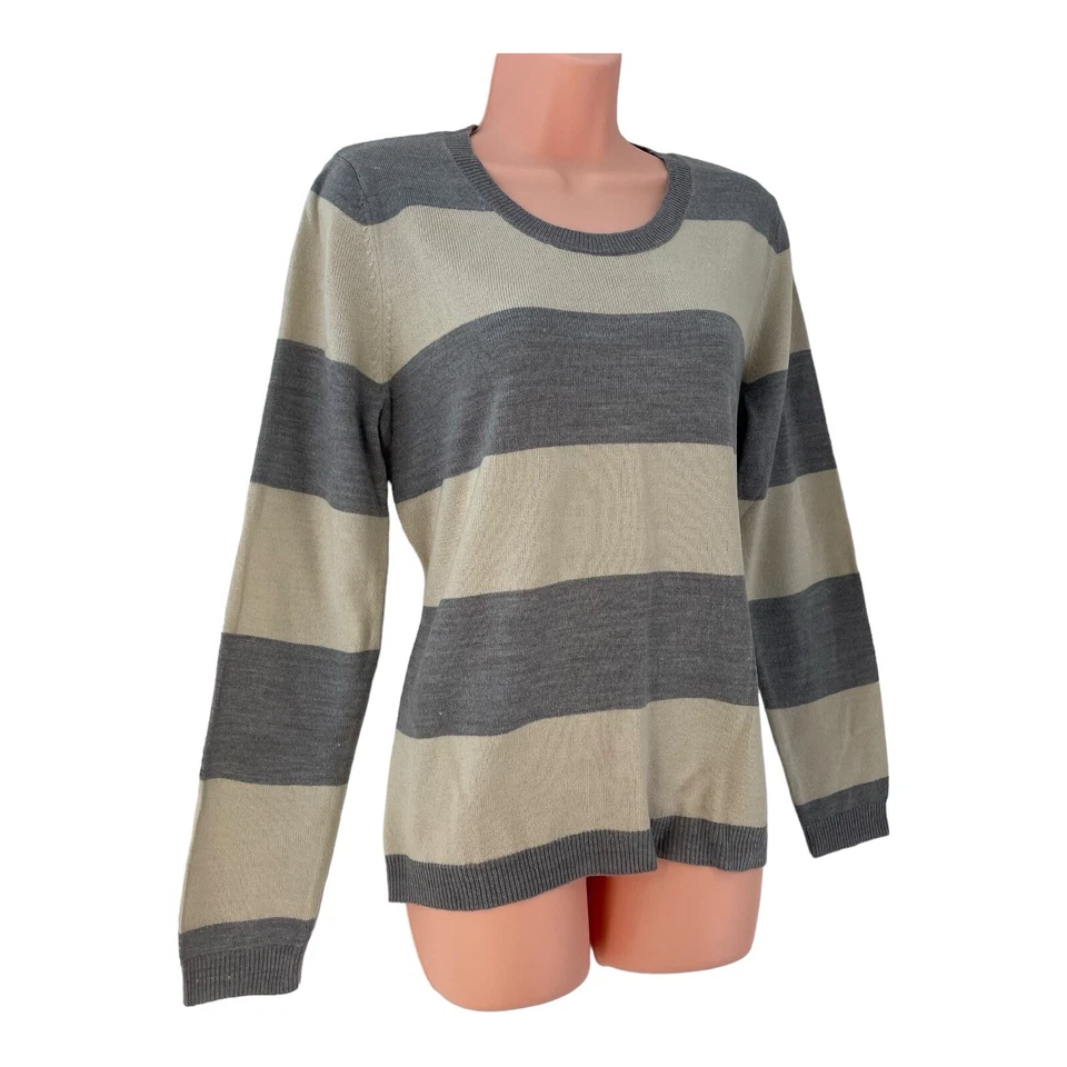 Papaya Mujer Beige y Gris Rayas Punto Suéter Manga Larga Cuello Redondo Talla 14 Foto 2 de 4