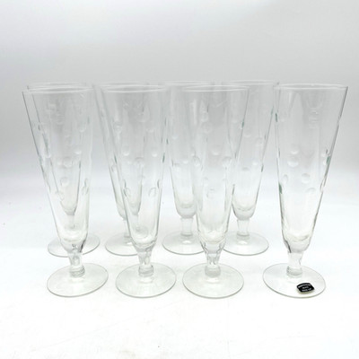 Set of 8 Mountaineer Glass Pilsner Flute Hand Cut Coin Dot Short Stem Round Foot