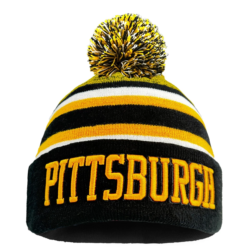 Pittsburgh Football Embroidery Skull Cap Winter Warm Beanie Pom Knit Stocking - Image 2 of 4