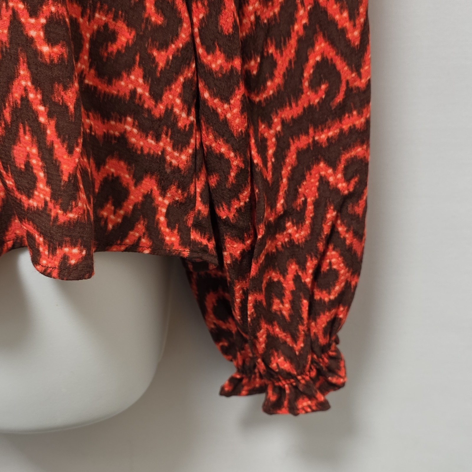 Per Una Orange Brown Abstract Chiffon V-Neck Button Long Sleeve Blouse UK 8 image 4