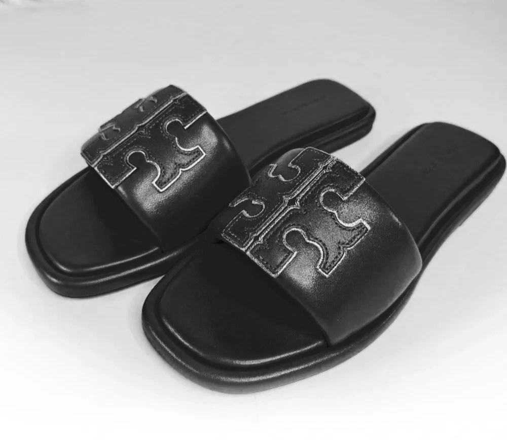 Tory Burch Double T Sport Slide Leather Sandals - Black
