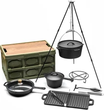 8 Piece Cast Iron Dutch Oven Camping Set. 4.5 Qt Cast Iron Pot with Lid and Lift