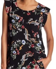 Pleione Black Floral Sleeveless Blouse Size Small 2-8 Pleated Bohemian