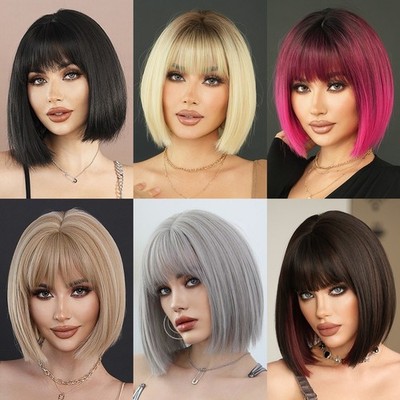 Black short bob hairstyle wig short straight hair with fringe headgear synthetic