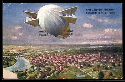 Postcard Graf Zeppelin's airship in full swing 1908 