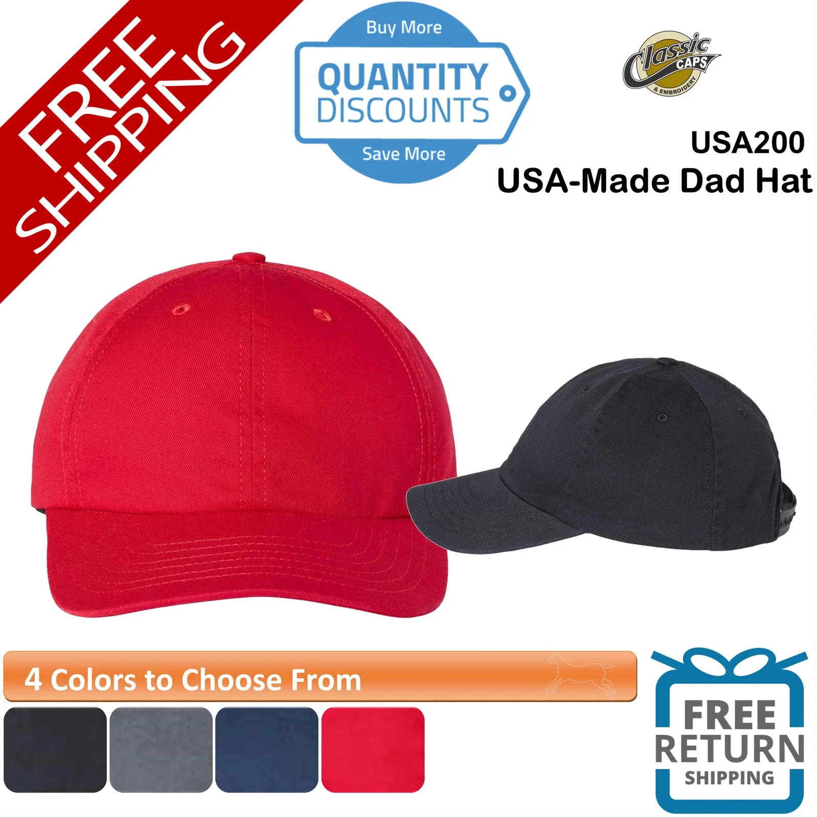 🔥 Classic Caps USA-Made Dad Hat Cap six-panel, low-profile Snapback USA200