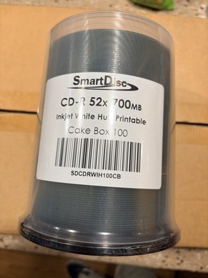 100-pk  Smart Disc CDR 52X 700mb Ink Jet  Printable, White Hub Blank Desks 100