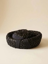 Vintage Mr. Bern Blue Black Raffia Pillbox Hat, 1960s Straw Cocktail Hat, Mid
