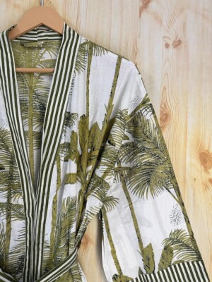 Indisch Grün Palme Gestreift Kimono Baumwolle Braut Bademantel Maxi Nachthemd US