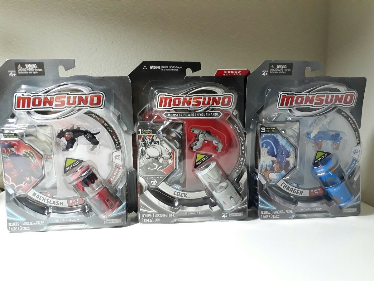 Monsuno figure #03 Charger, #06 Backslash, & #25 Lock (Shadow