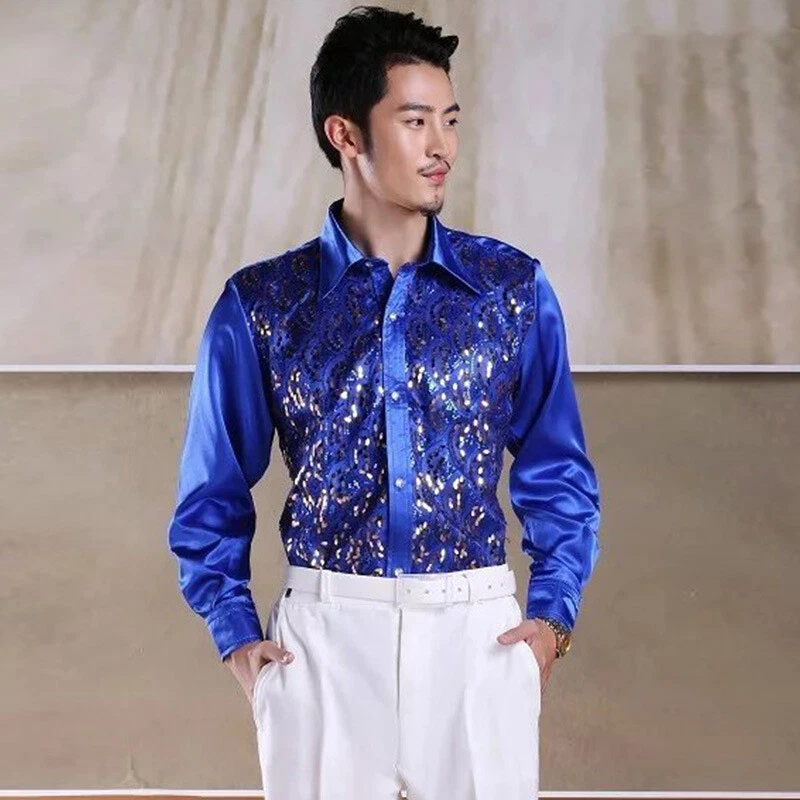 Camisa de encaje con lentejuelas para hombre manga larga abotonada noche fiesta escenario ropa de club nocturno color Foto 2 de 4