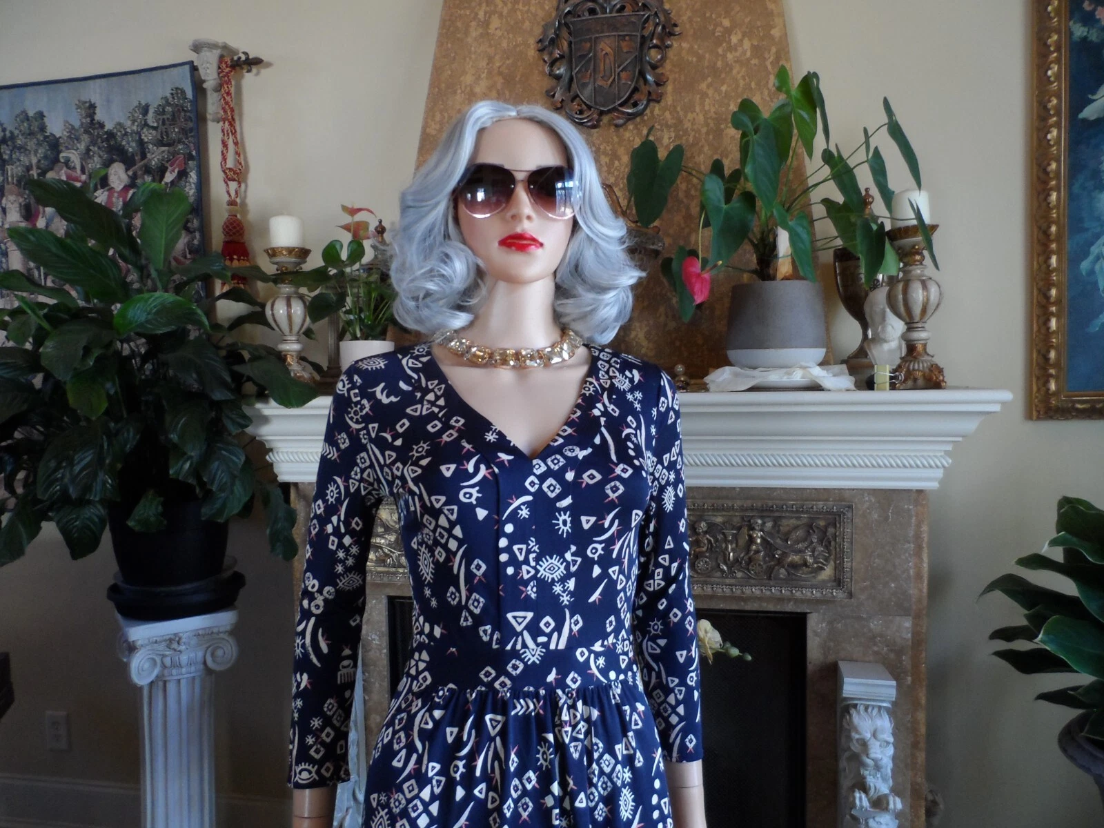 Abito in guaina multistampa Tory Burch 100% seta blu navy taglia PXS