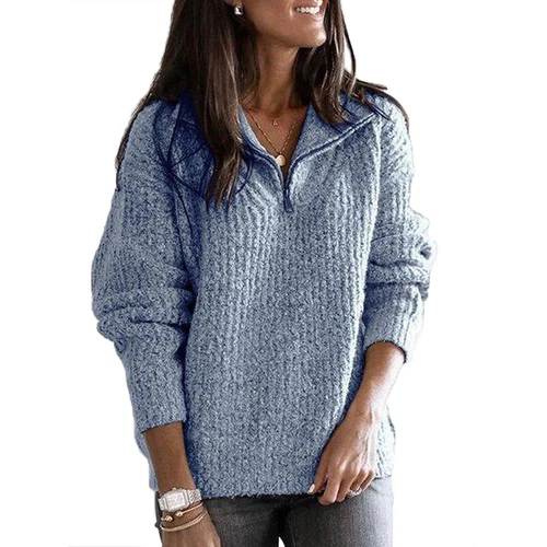 Womens Knitted Long Sleeve Tops Pullover Ladies Zip V Neck Loose Jumper Sweater - Picture 4 of 16