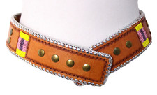 MEXICO EMBOSSED SILVER BROWN GENUINE LEATHER 2.25"Wd STUDDED BEADS BELT M 86A