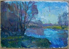 Ukrainian Soviet Oil palette knife Painting postimpressionism landscape lake