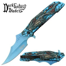 8.5" DARK FANTASY BLADES DRAGON PRINTED SPRING ASSISTED  FOLDING KNIFE BLUE