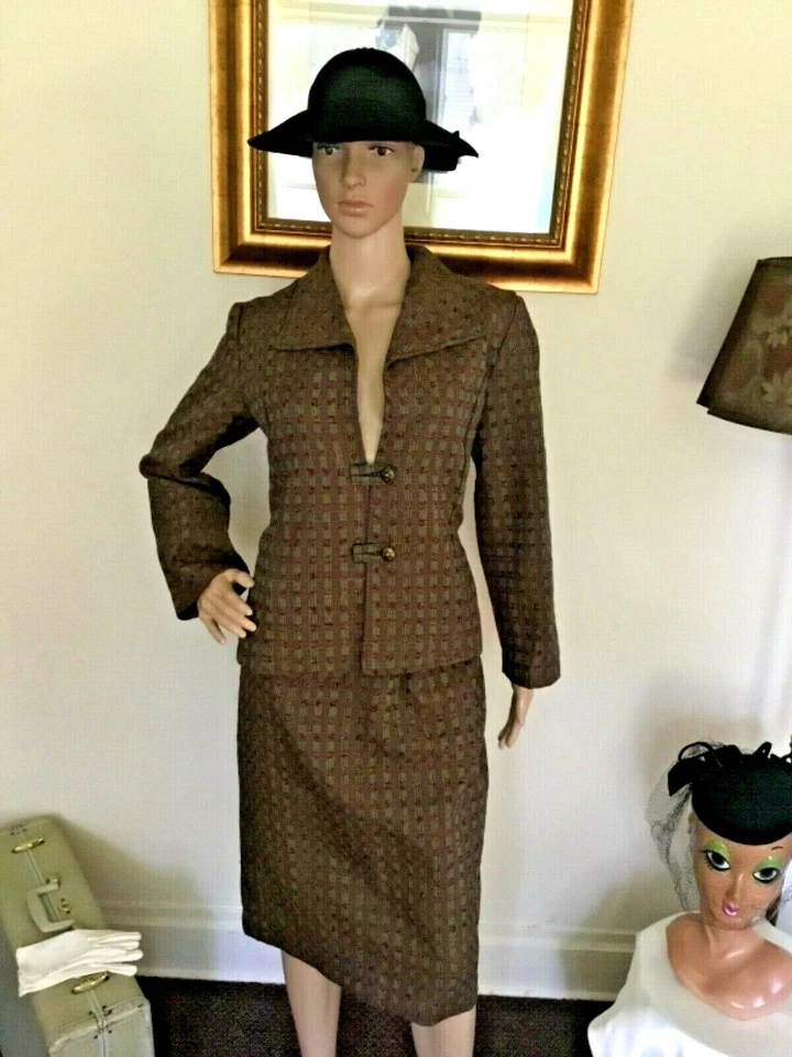 60’s Vintage Green Maroon Gingham Jacket Rockabilly Midi Skirt Suit - Image 2 of 4