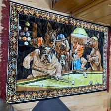 Dogs Playing Pool Billiards Theme Wall Rug Vintage Tapestry Wall Rug 48”x 76”