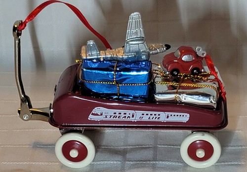 Vtg 1996 RADIO FLYER WAGON w/ Plane, Glass Marble, Toys Christmas Ornament & Box - Picture 8 of 12