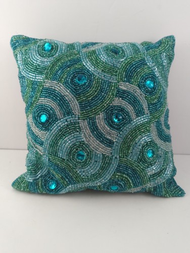 Pier 1 Imports Decorative Small Accent Pillow Teal Blue Beaded Peacock Swirl 11”