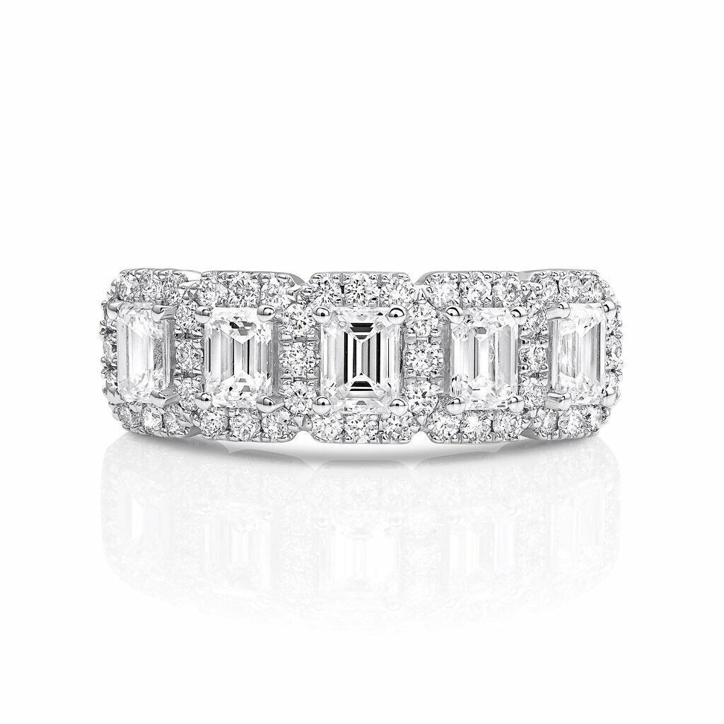14K White Gold Plated Five Stone Halo Ring with 2.2 Ct Simulated Diamonds-image