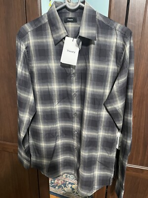 Theory Irving Black Multi Shade Flanella Standard Fit Shirt in