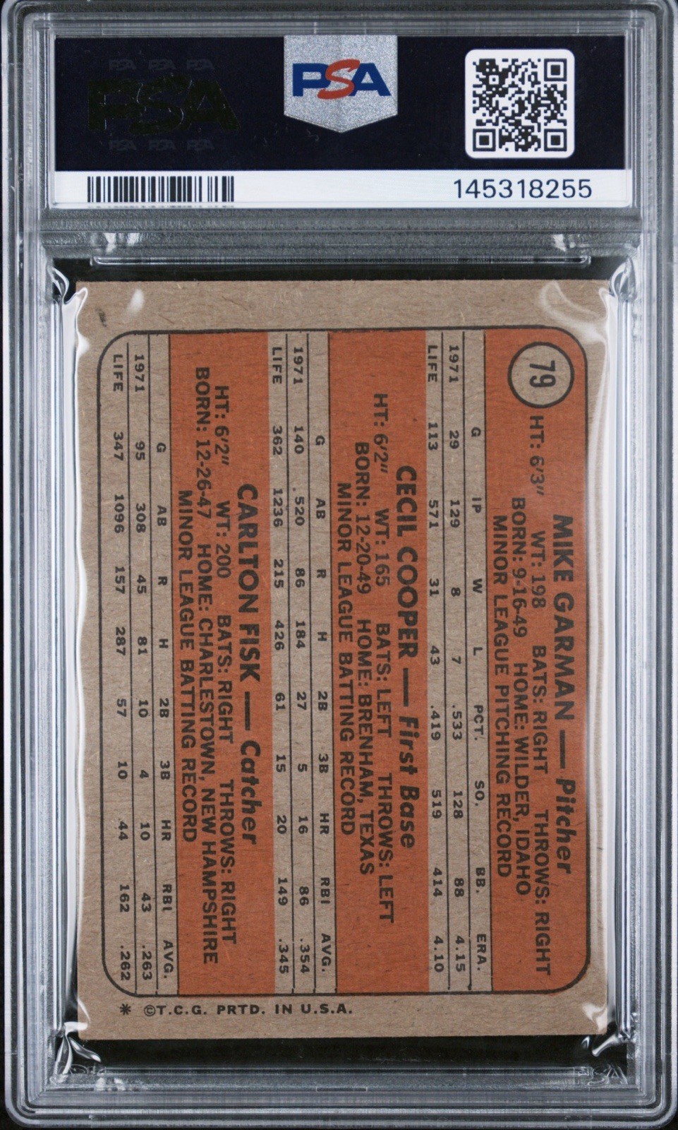 1972 Topps #79 Red Sox Rookies Mike Garman Cecil Cooper Carlton Fisk PSA 3 VG view 2