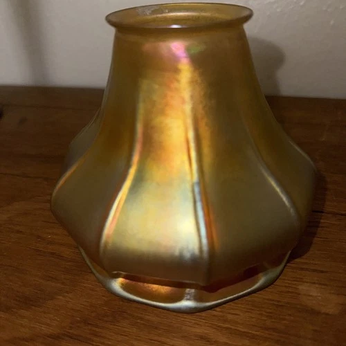 Antique Steuben Glass Aurene Iridescent Gold Lamp Shade Squash Blossom - Carder