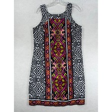 Madison Leigh Geometric Tribal Print Shift Dress Pink Green Black White Size 10