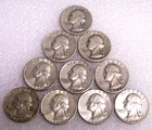 Washington Silver Quarters Lot of 10 Circulated 25C US Coins 90% Silver
