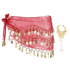Belly Dance Hip Scarf 55x10" with 98 Gold Coin  Bracelet, Red