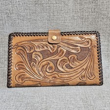 Vintage 70's Womens Western Tooled Leather Checkbook Wallet Clutch