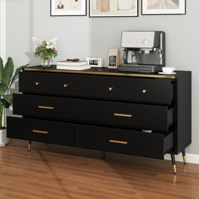 6 Drawers Dresser Wood Chest of Drawers w/Black Metal Handle＆Anti-Tipping Device