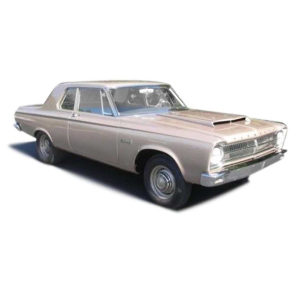 1965 Plymouth Belvedere Satellite 2-door hardtop with beige body, black roof, and “Made in U.S.A.” text on front.