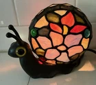 Vintage Tiffany Style Snail Jeweled Stained Glass Accent Lamp  7”