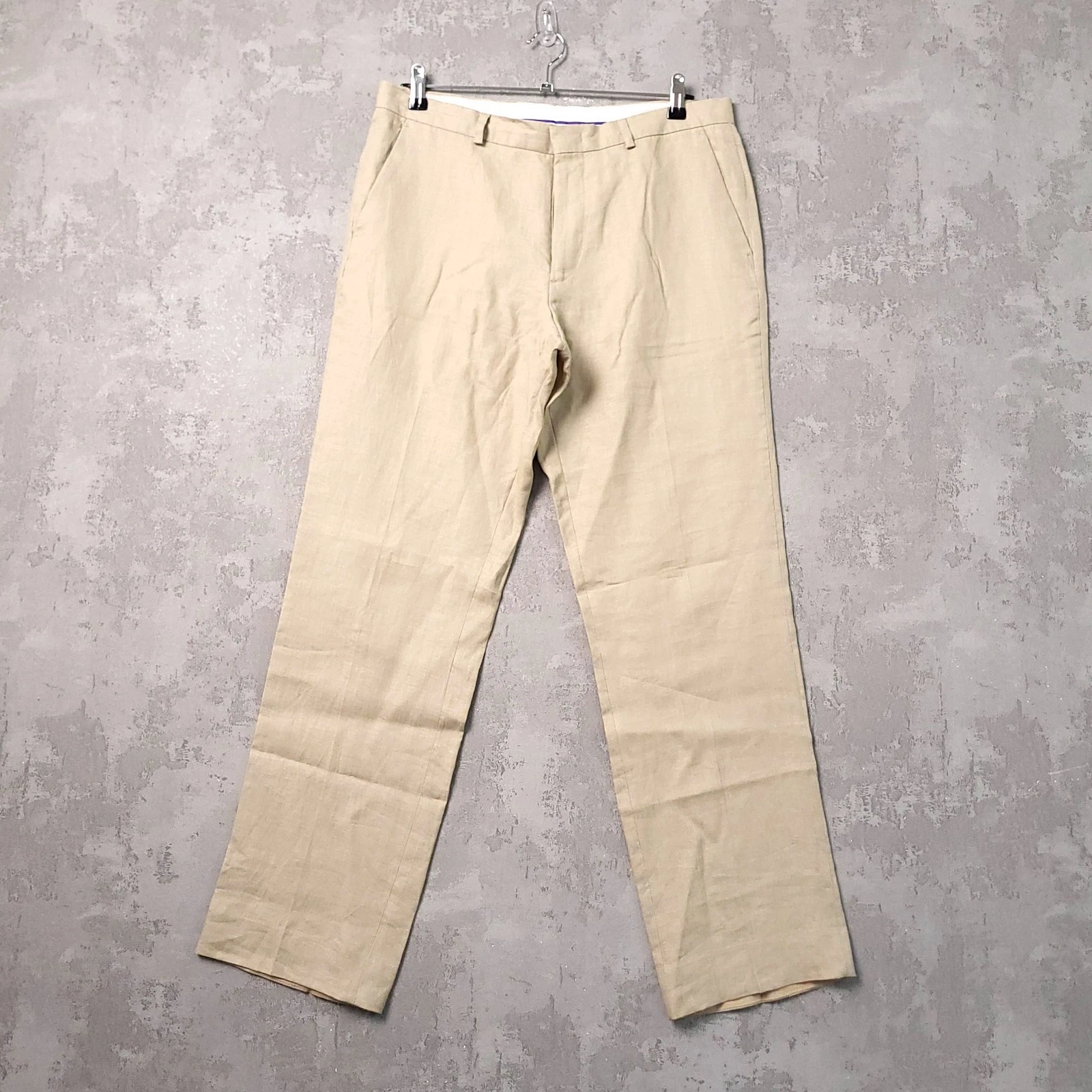Linea Linen Trousers Mens 34R Regular Fit Beige Flat Front Smart Casual Pants