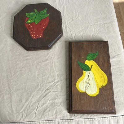 Vintage Wood Plaques Lot Of 2 Hand Painted Fruit Pear And Strawberry Signed 