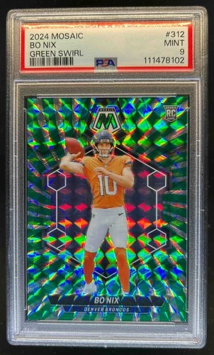 2024 Mosaic Bo Nix RC Green Swirl Prizm #13/13 Broncos PSA 9
