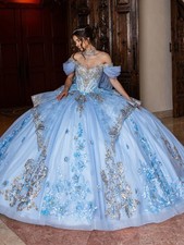 Sky Blue 3D Floral Quinceanera Dress Off Shoulder Bow Princess Ball Gown