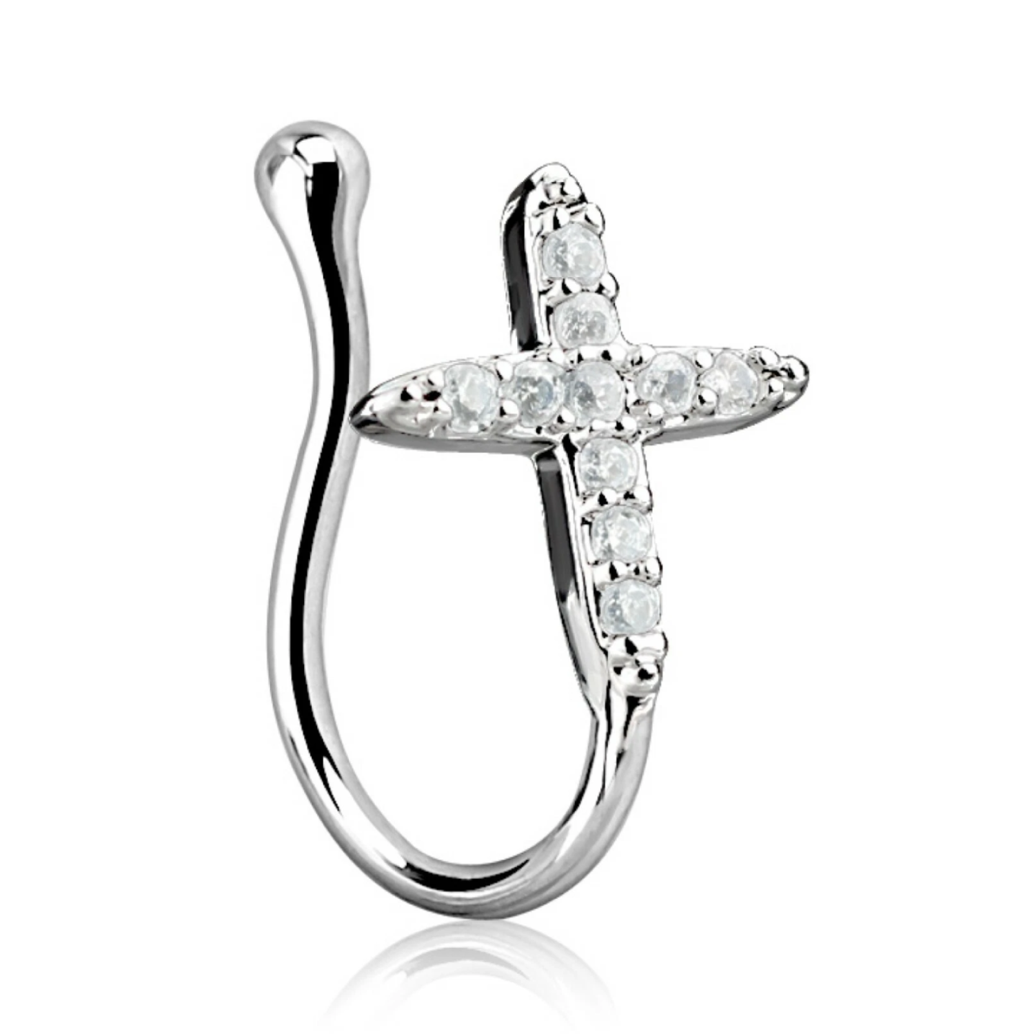 Cross CZ Nose Cuff Clip On Fake Nose Ring Non Pierced Rhodium Plated