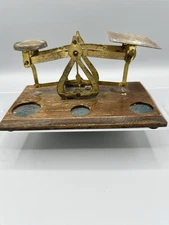 Vintage Warranted Accurate Brass Wood Postal Scale w 3 Weights Made In England